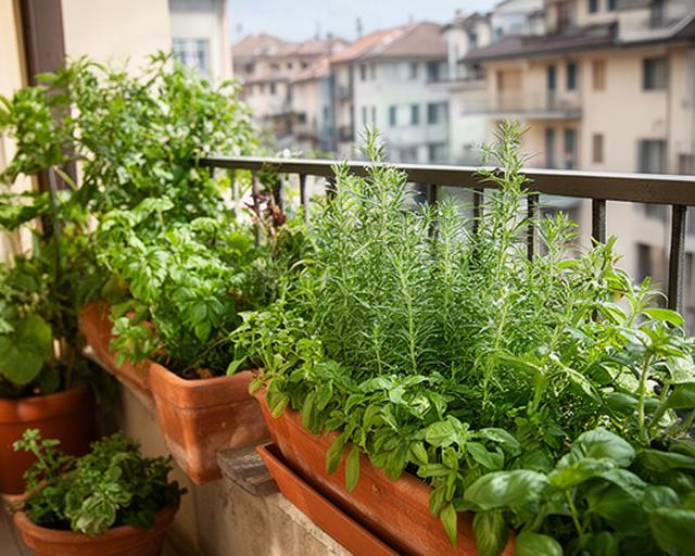Balcone urbano di Cossato con piante aromatiche, vasi in terracotta e una fioriera rigogliosa