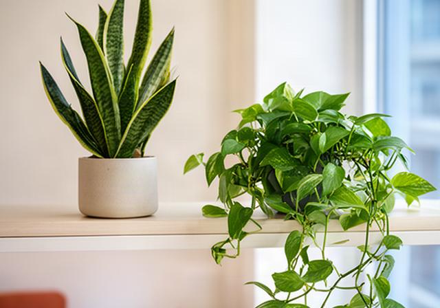 Sansevieria e pothos su una mensola luminosa in un appartamento cittadino