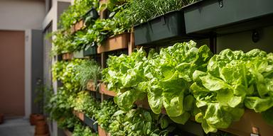 Orto verticale su parete di cortile vicino a Biella con insalate e erbe fresche
