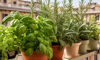 Vasi di basilico, rosmarino e salvia su una mensola di balcone a Cossato