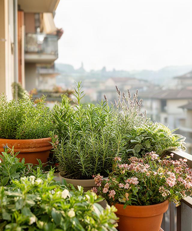 Composizione di piante aromatiche e ornamentali su un balcone urbano luminoso a Cossato