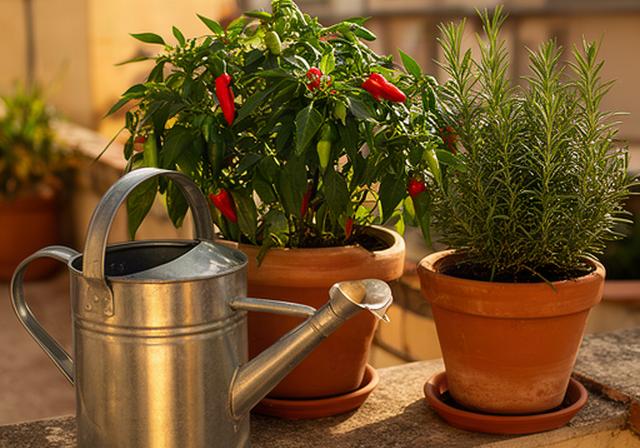 Annaffiatoio accanto a vasi di peperoncino e rosmarino su un terrazzo estivo